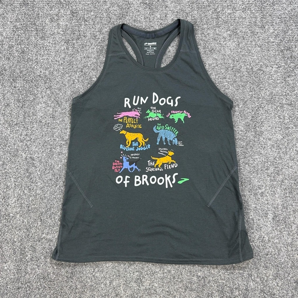 Brooks Tank Top Womens Small Gray Run Dogs Graphic Racerback Athletic Gym
